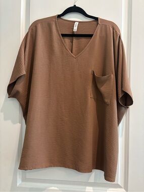 ZENANA Mocha V-Neck Pocket Blouse Top Large Oversized Boho